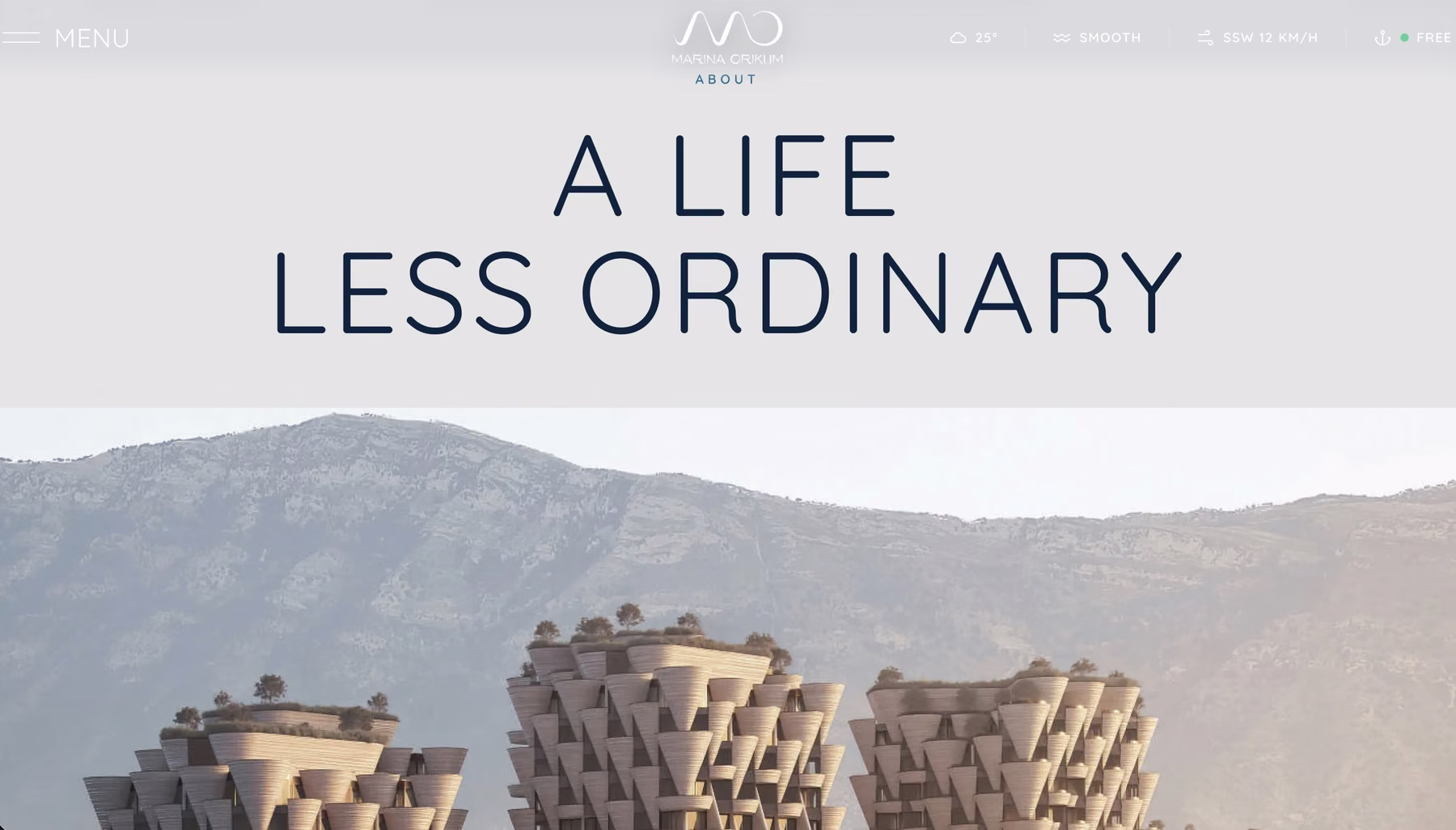Marina Orikum homepage, the headline A life less ordinary above terraced towers and a mountain ridge.