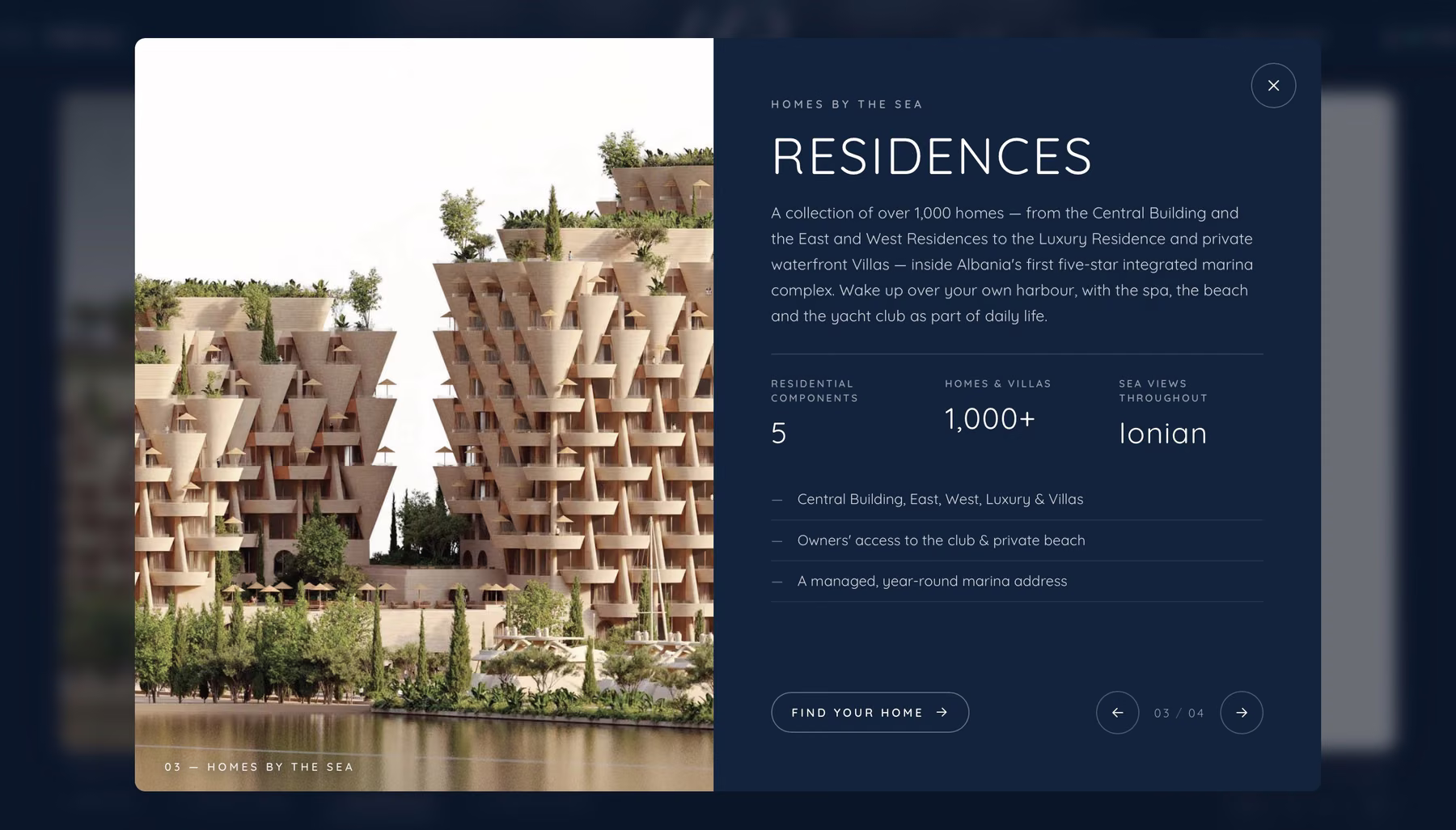 Residences panel describing a collection of over 1,000 homes, beside a render of the waterfront towers.