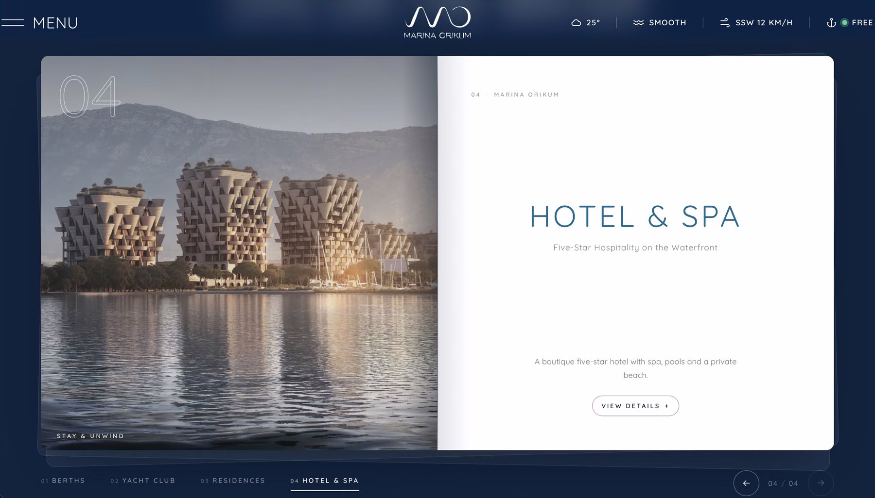 Hotel and Spa panel, the waterfront towers at sunset beside a white detail card on navy.