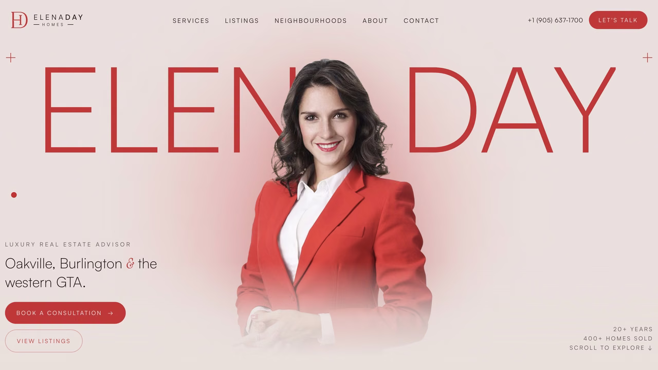 Elena Day Homes homepage, the agent's portrait in a red blazer standing in front of her name in large red type.