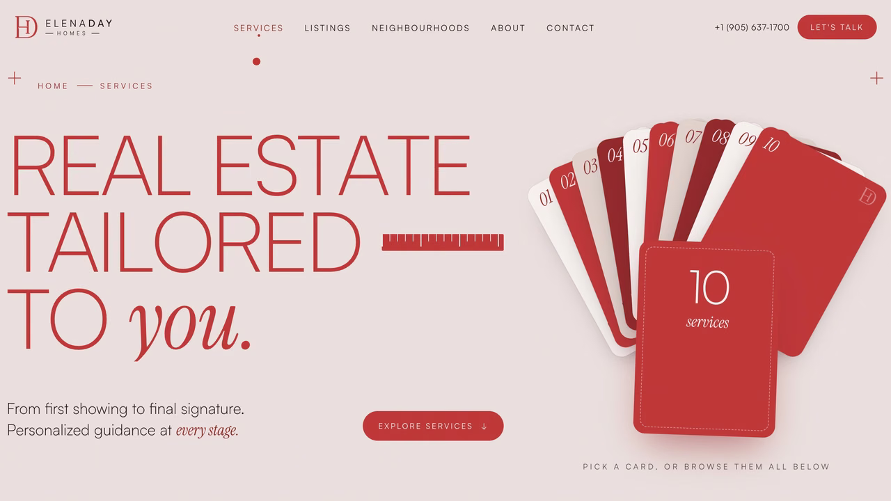 Elena Day Homes services page, the headline Real estate tailored to you beside a fanned deck of ten red service cards.