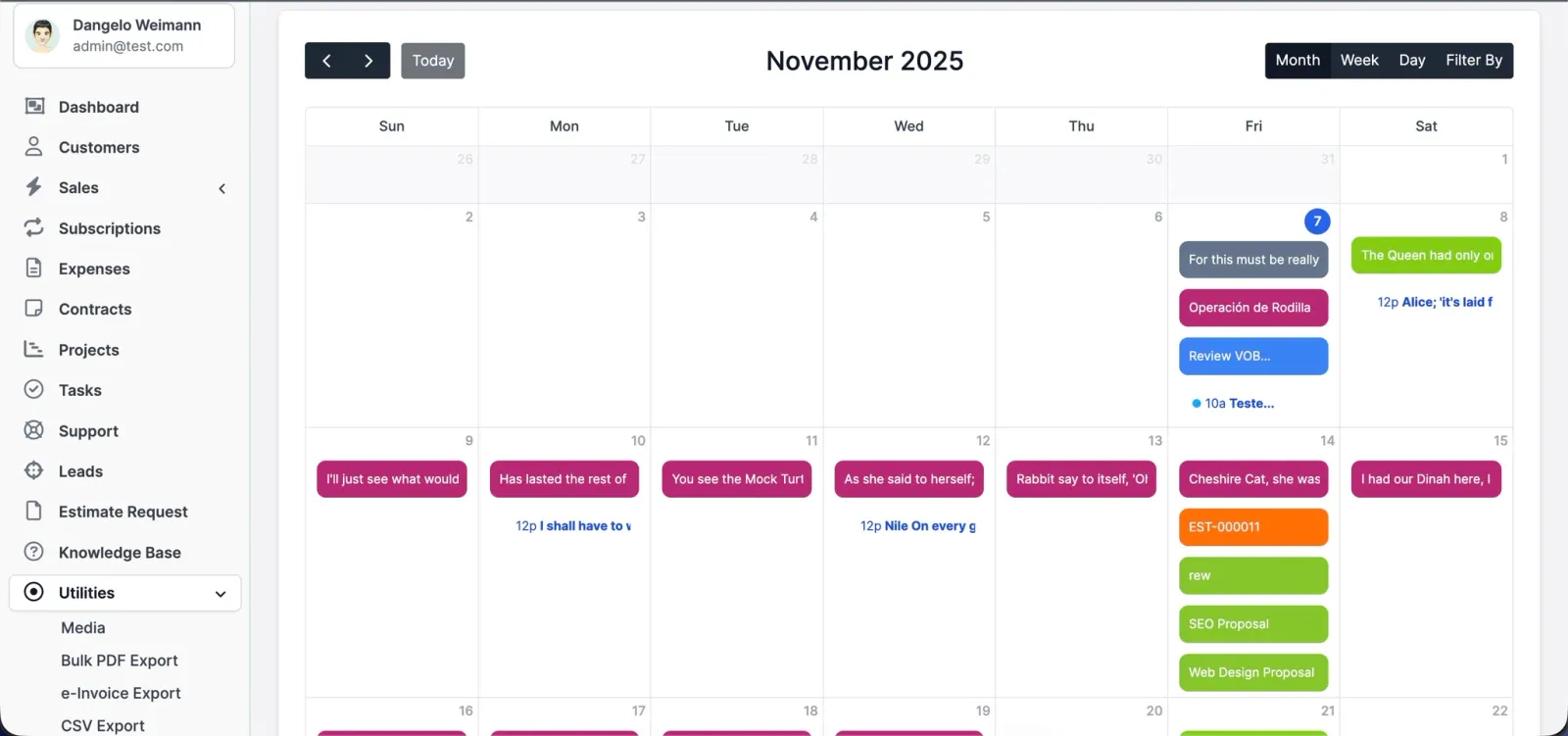 A month calendar with colour-coded proposals, invoices and appointments across the weeks.