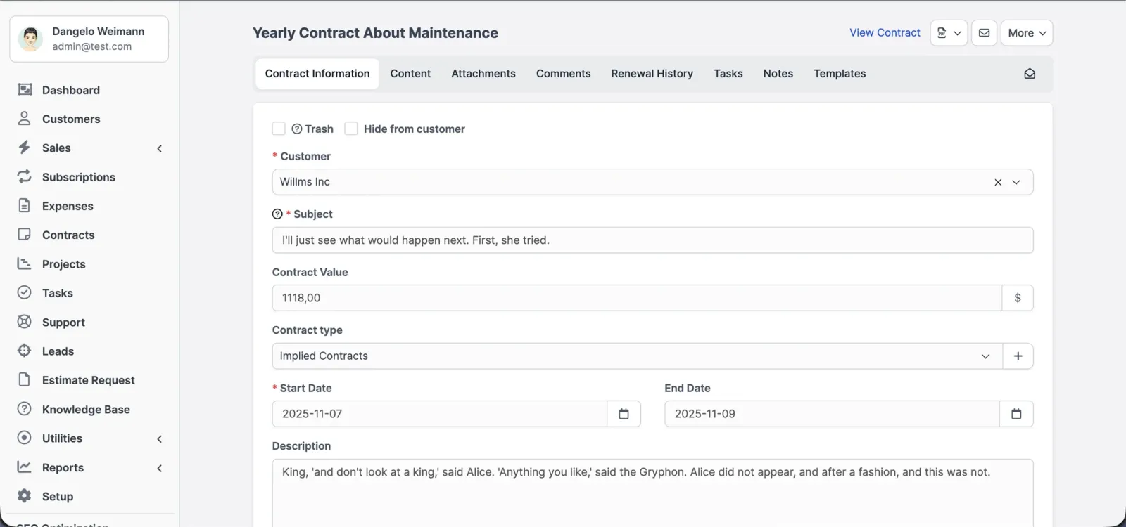 A contract record showing customer, value, type, start and end dates, with renewal history tabs.