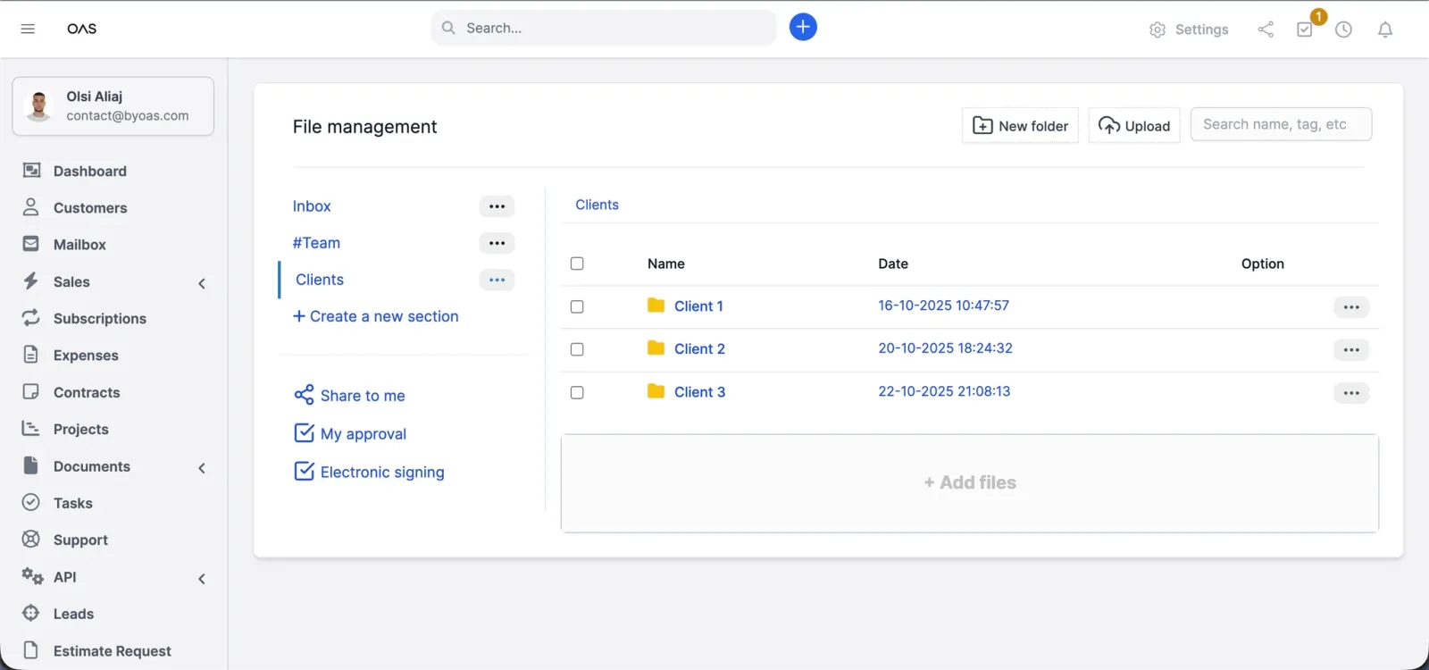 A file manager with client folders, sharing, approval and electronic signing options.