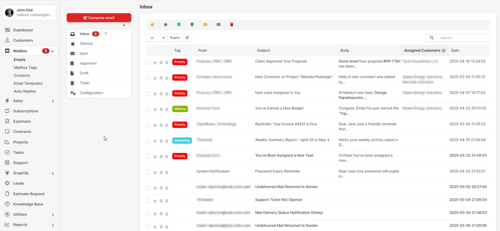 An inbox inside the CRM, with tagged messages routed to customers and a compose button.