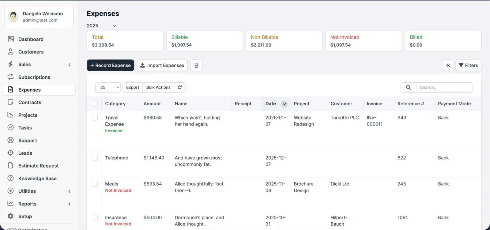 An expense table with billable, non-billable and invoiced totals across the top.