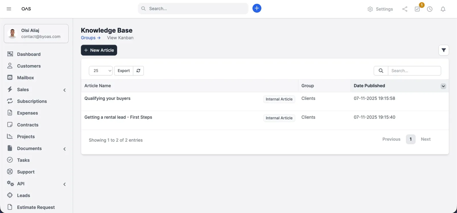 A knowledge base article list with groups, publish dates and a new-article button.