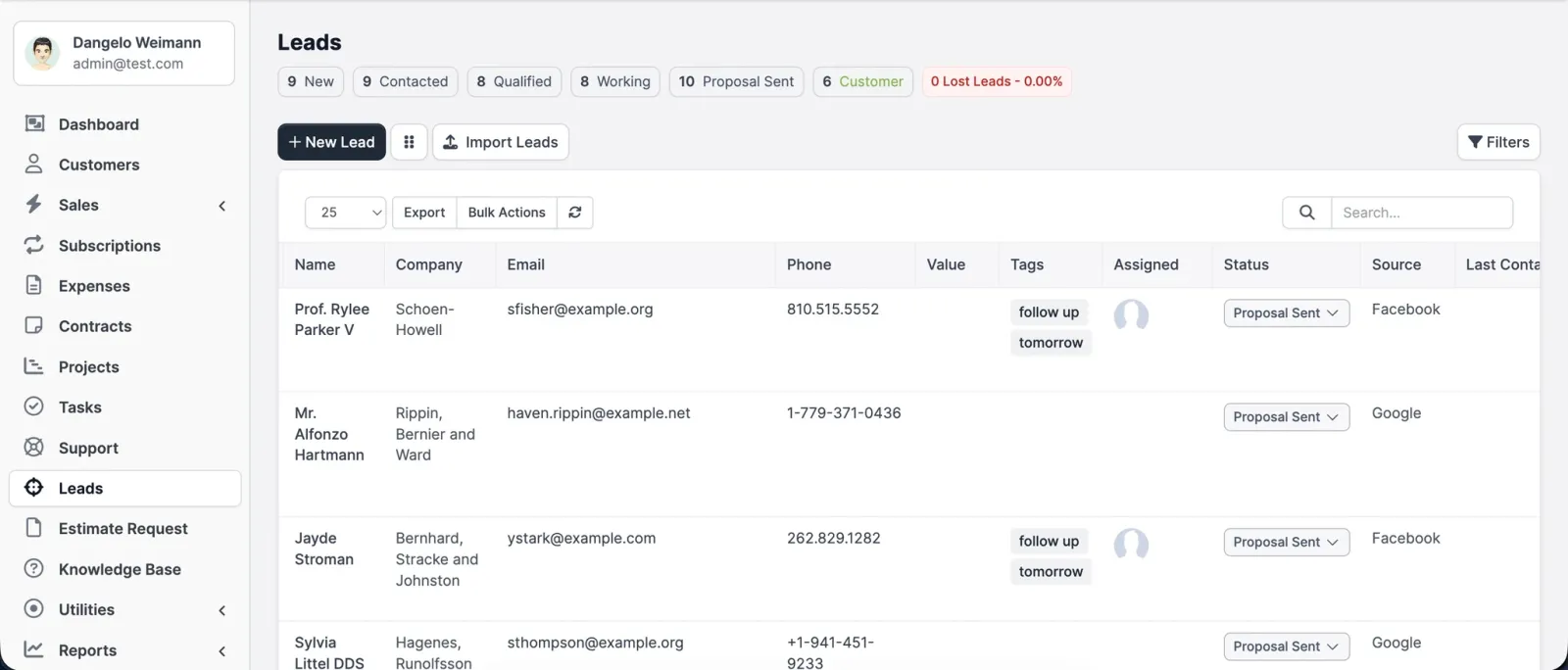 A leads table with stage counters across the top, showing name, source, status and follow-up tags.