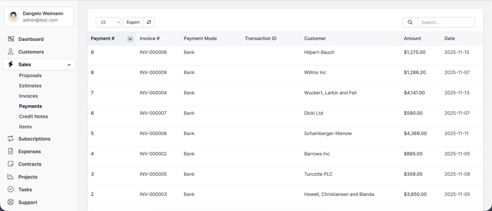 A payments ledger listing payment number, invoice, method, transaction ID, customer, amount and date.