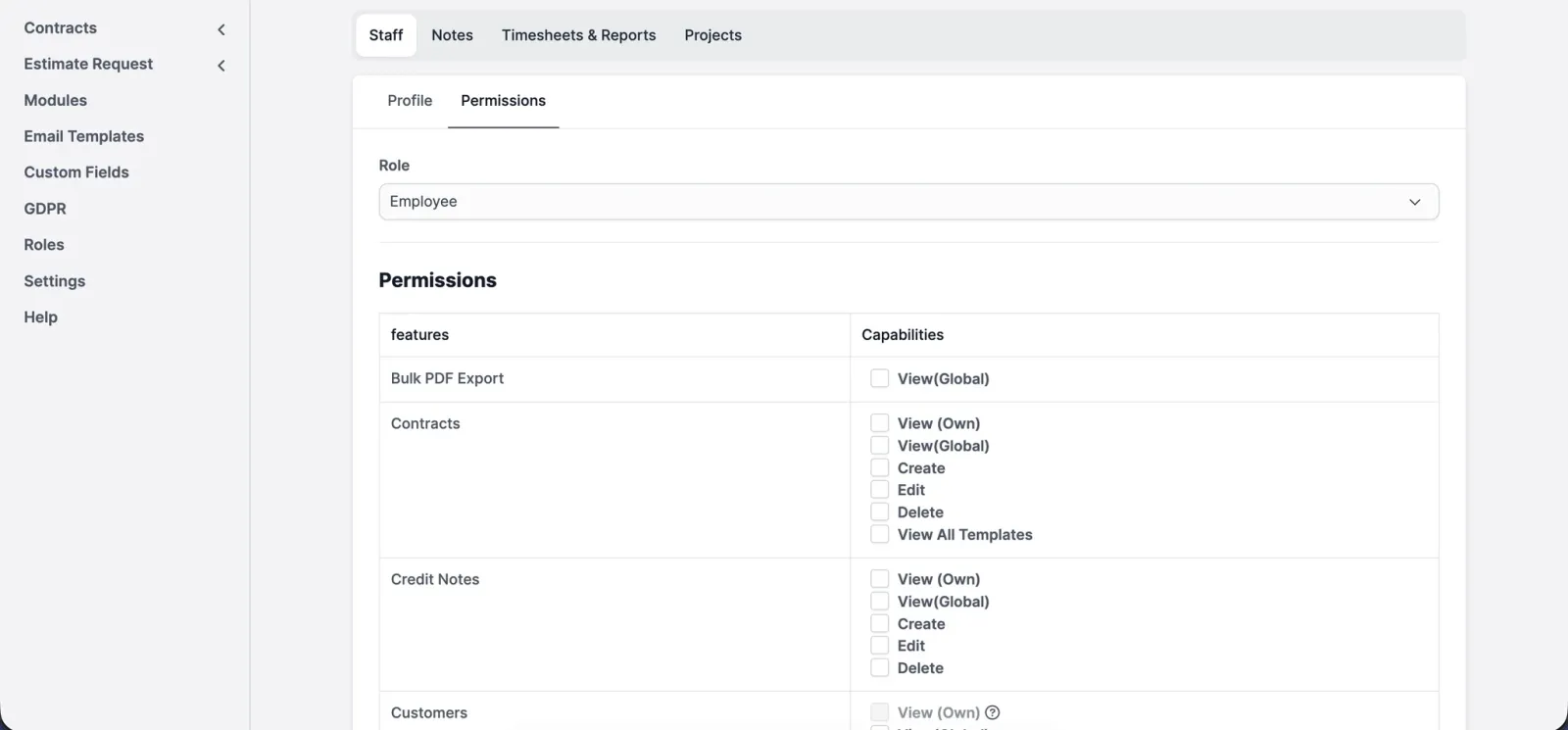 A role permissions matrix with view, create, edit and delete capabilities per feature.
