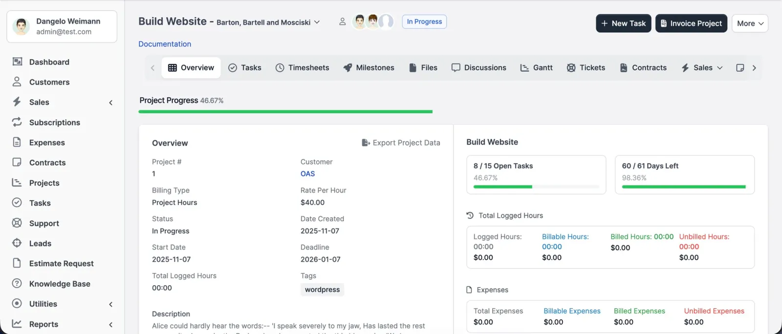 A project overview with progress bar, open tasks, days remaining, logged hours and billable expenses.
