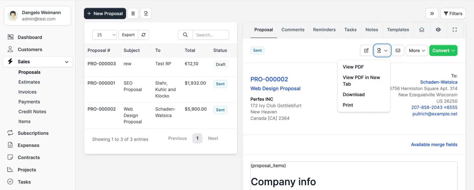 A proposal list beside a rendered proposal with export, download and convert-to-invoice actions.
