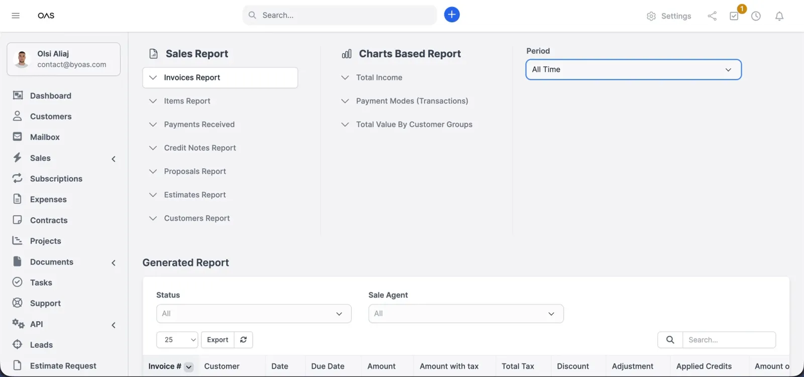 A reporting screen with invoice, payment, proposal and customer reports and a generated report table.