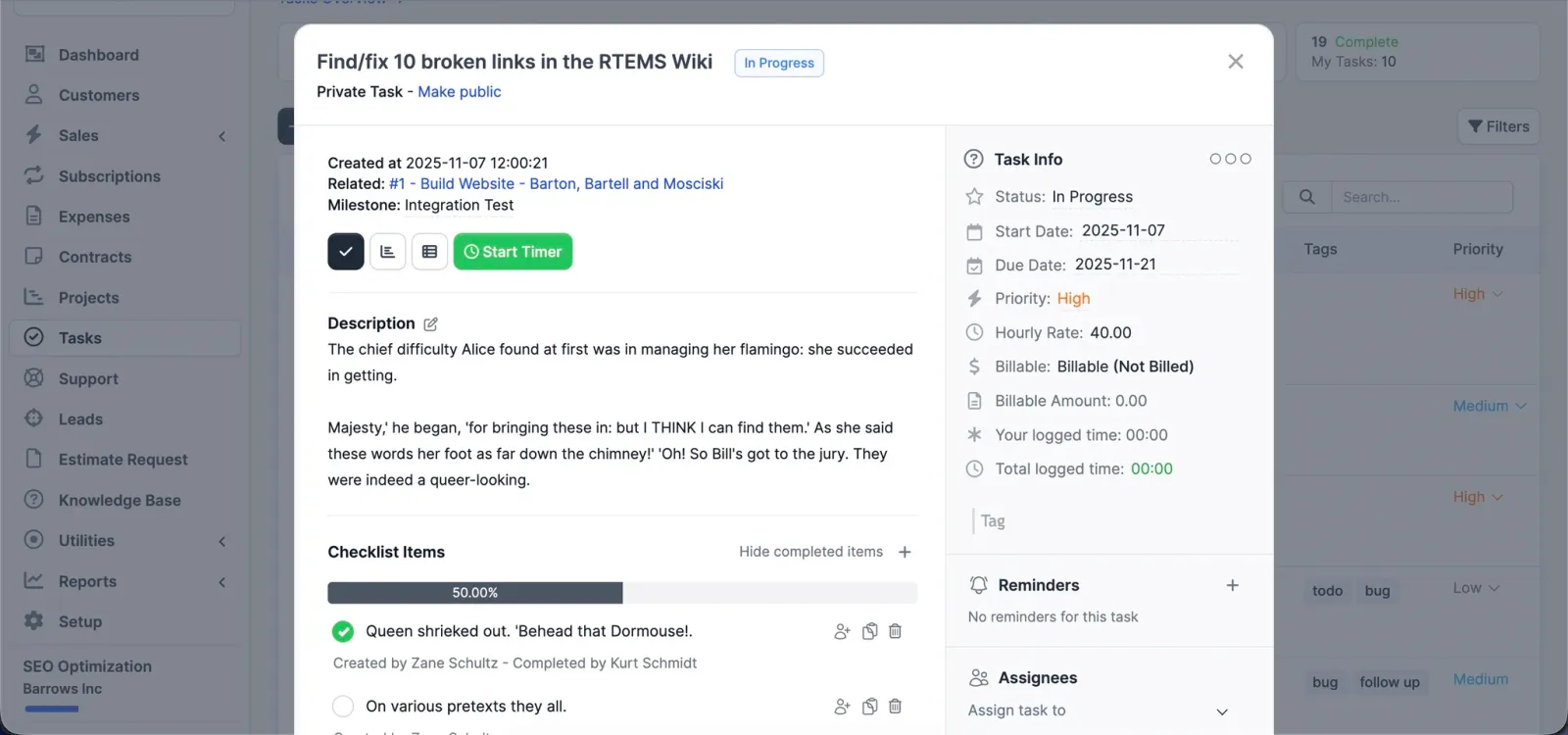 A task detail panel with status, dates, priority, a timer, checklist items and assignees.