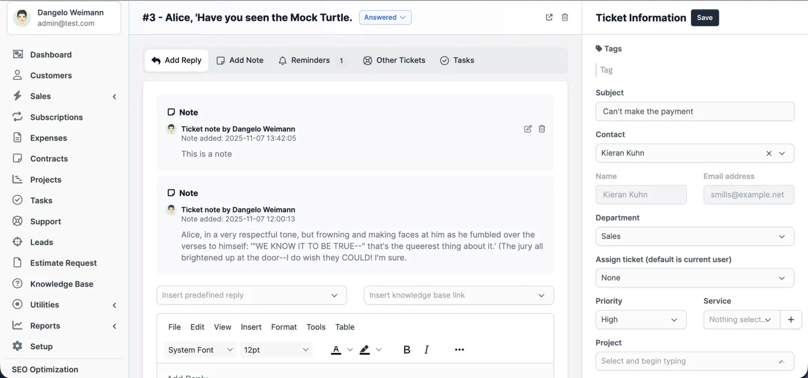 A support ticket with a reply editor, internal notes and a side panel for contact, priority and department.