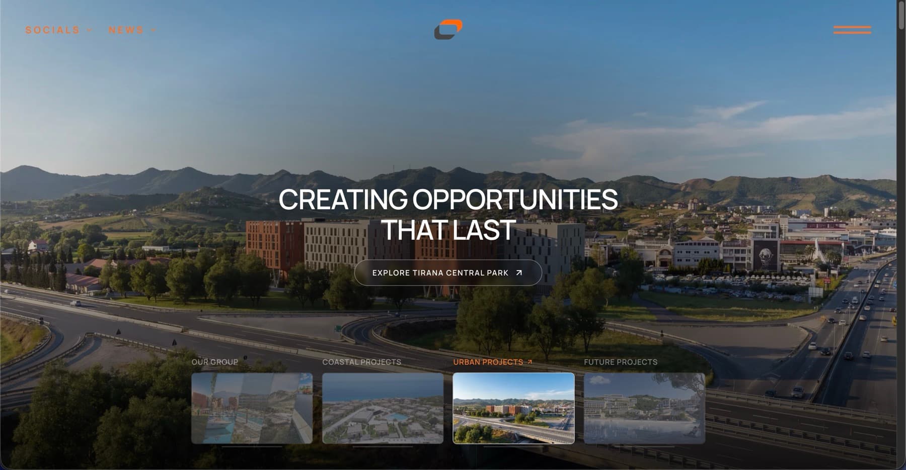 Concord Group corporate website showing an aerial view of a real estate development in Tirana.