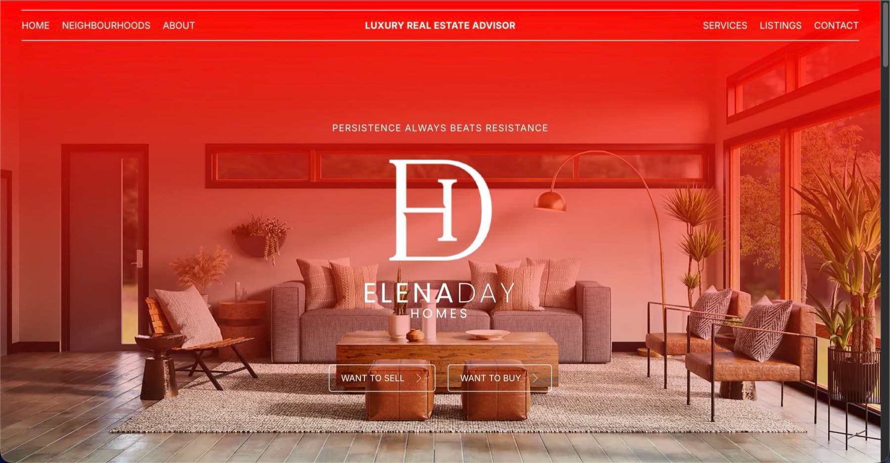 Elena Day Homes luxury real estate website with a red-toned interior and agent branding.