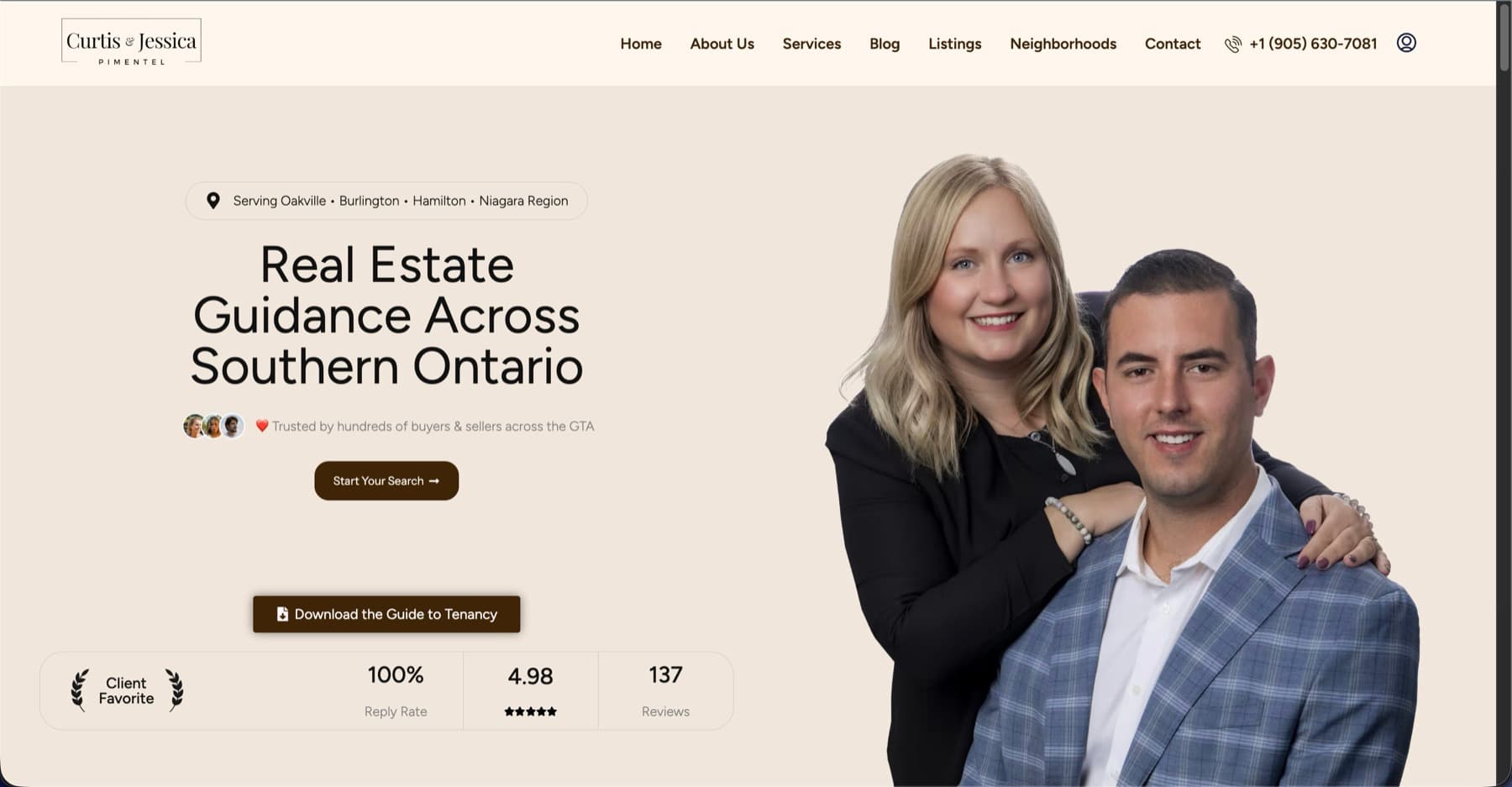 Pimentel Homes real estate website featuring Curtis and Jessica Pimentel and Southern Ontario property search.
