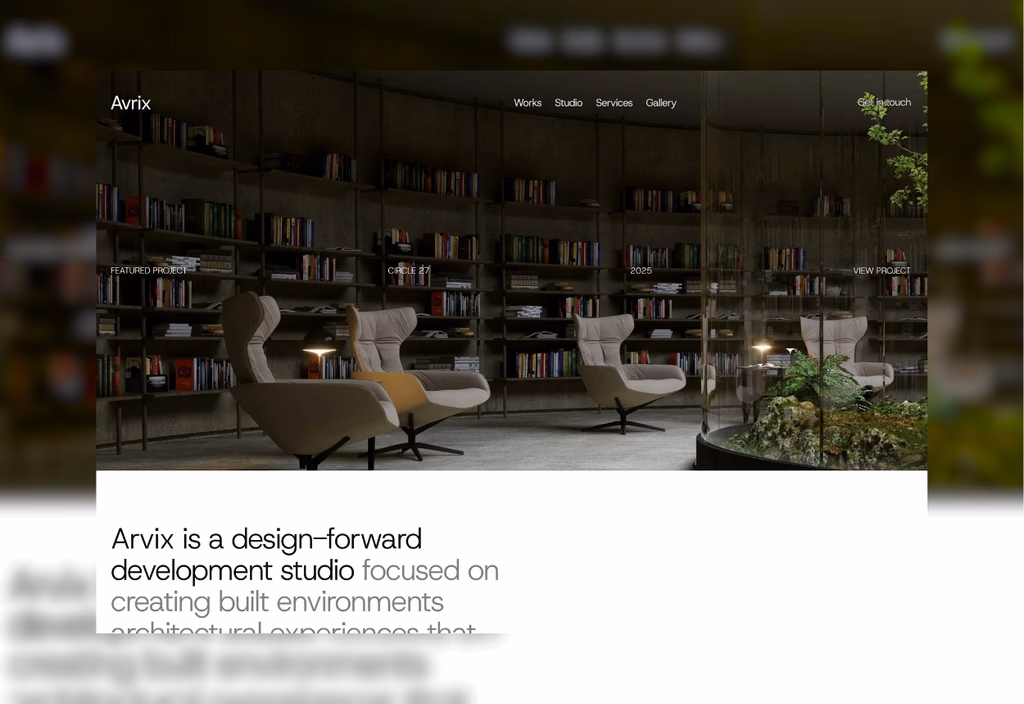 Arvix development studio homepage, a dim library interior with the featured project bar across it.
