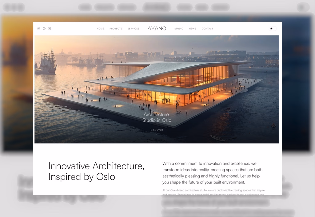 Ayano architecture studio homepage, a full-bleed waterfront building at sunset above an introduction block.