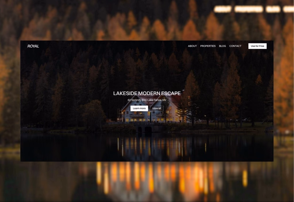 Royal property site homepage, a lakeside house at dusk with the featured listing name centred over it.