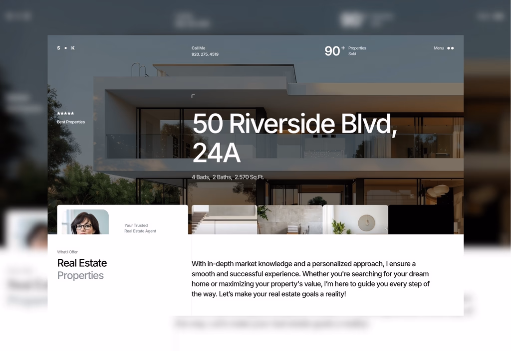 Single-agent real estate site, a modern listing hero with the agent portrait and interior shots below.